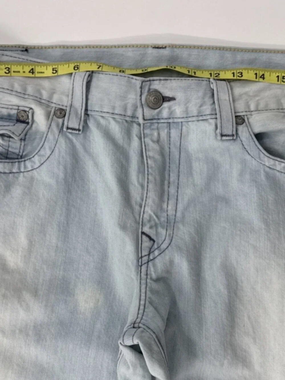True Religion Jeans Mens 38x34 Ricky Light Blue Denim Distressed Flap Pockets